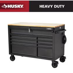 DALLAS LOCATION - Husky 52 in. W x 25 in. D Heavy Duty 9-Drawer Mobile Workbench Cabinet with Adjustable-Height Hardwood Top in Matte Black