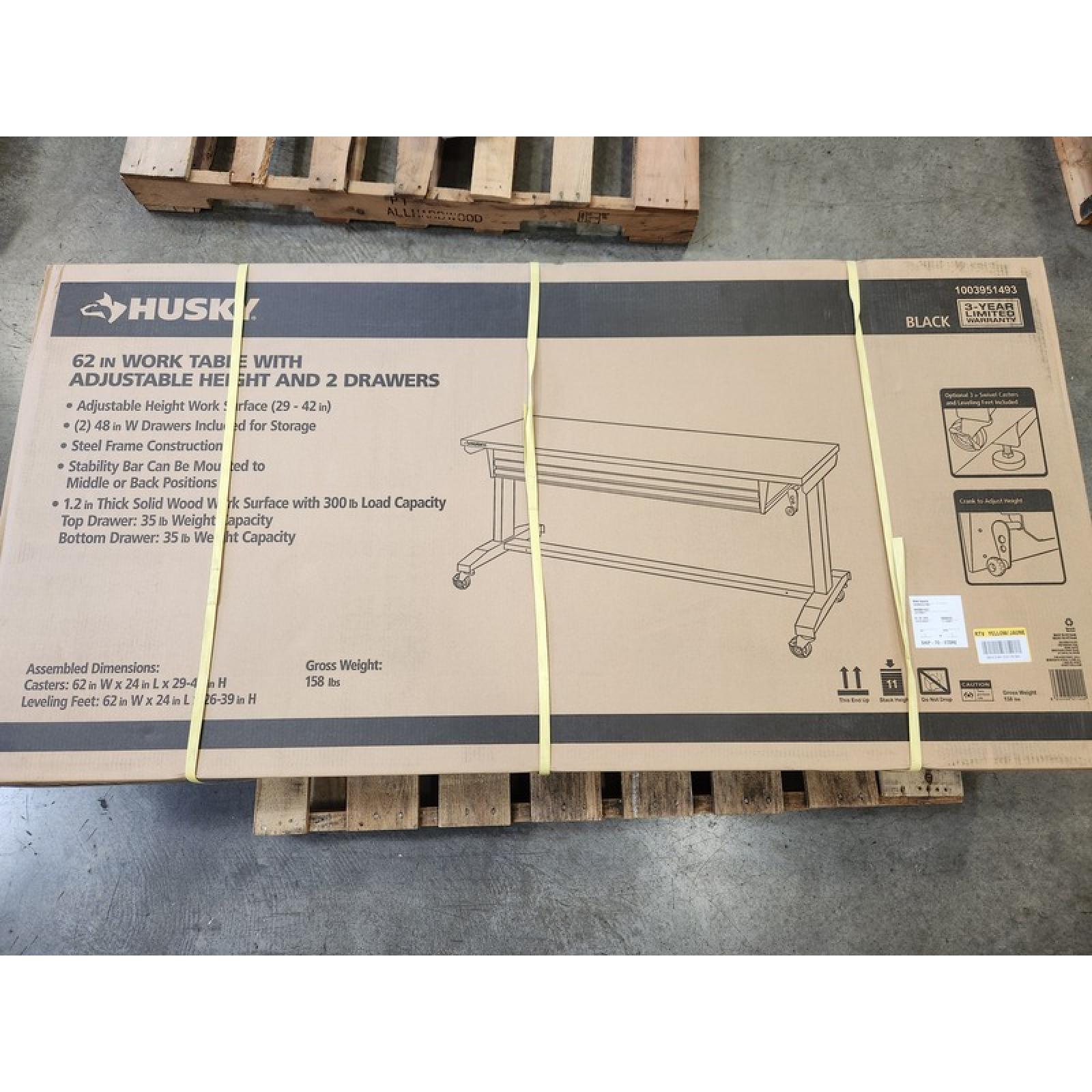 Phoenix NEW Husky 62 in. W x 24 in. D 2-Drawer Adjustable Height Black Workbench Table with Solid Wood Top (SEALED)