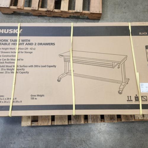 Phoenix NEW Husky 62 in. W x 24 in. D 2-Drawer Adjustable Height Black Workbench Table with Solid Wood Top (SEALED)
