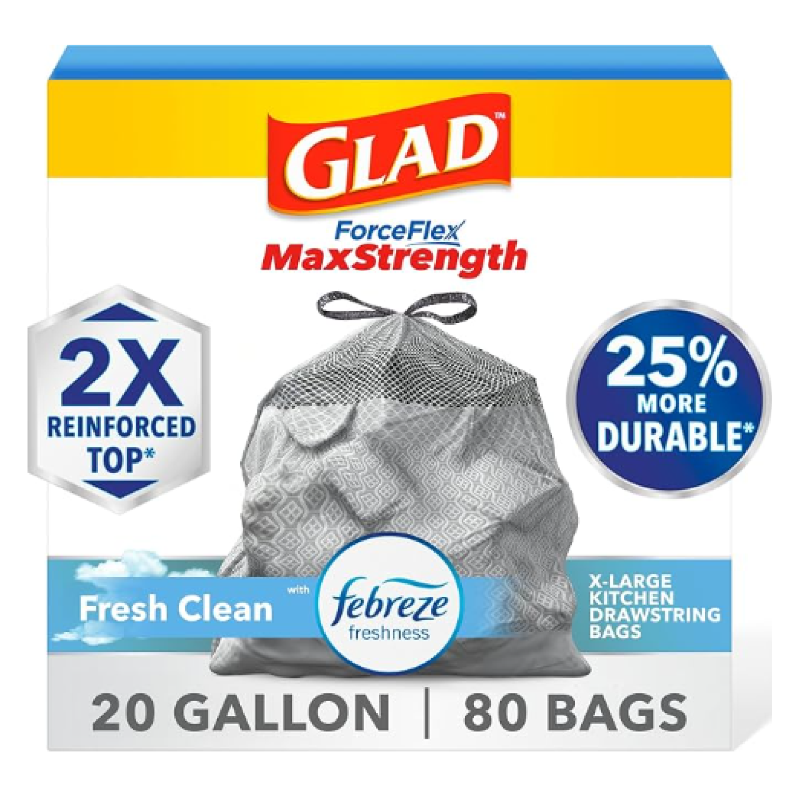 DALLAS LOCATION- NEW! GLAD 20 GAL. MAX STRENGTH FORCE FLEX TRASH BAGS W/ FEBREEZE ODOR CONTROL (80 BAGS PER BOX) (32 BOXES)