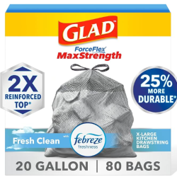 DALLAS LOCATION- NEW! GLAD 20 GAL. MAX STRENGTH FORCE FLEX TRASH BAGS W/ FEBREEZE ODOR CONTROL (80 BAGS PER BOX) (32 BOXES)
