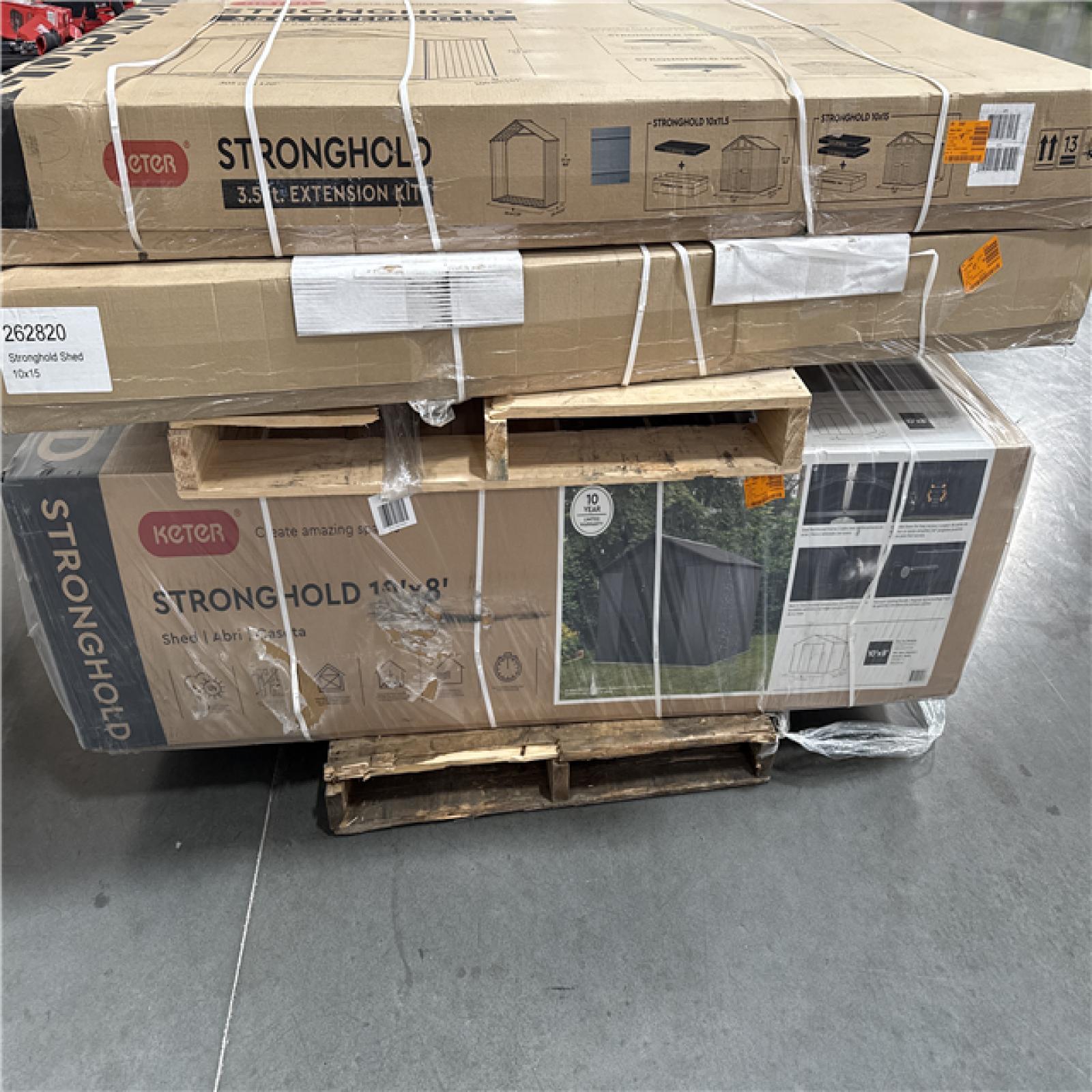 California AS-IS Keter Stronghold Shed (10x 15) Includes 3.5 ft. Extension Kit (Damage Boxes)