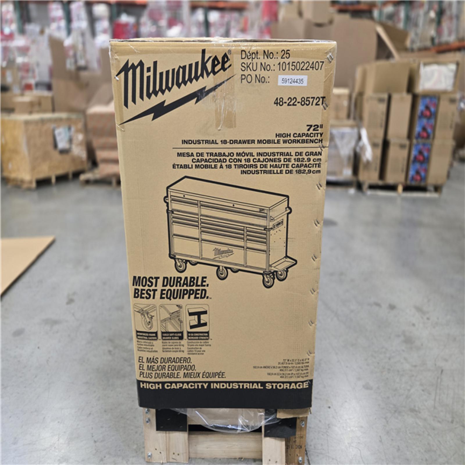 DALLAS LOCATION - AS-IS MILWAUKEE High Capacity 72 in. W x 22.1 in. D 18-Drawer Mobile Workbench Cabinet with Solid Wood Top