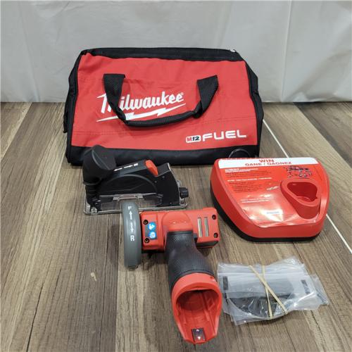 AS-IS  Milwaukee  M12 FUEL 12V 3 in. Lithium-Ion Brushless Cordless Cut Off Saw Kit with One 4.0 Ah Battery Charger and Bag