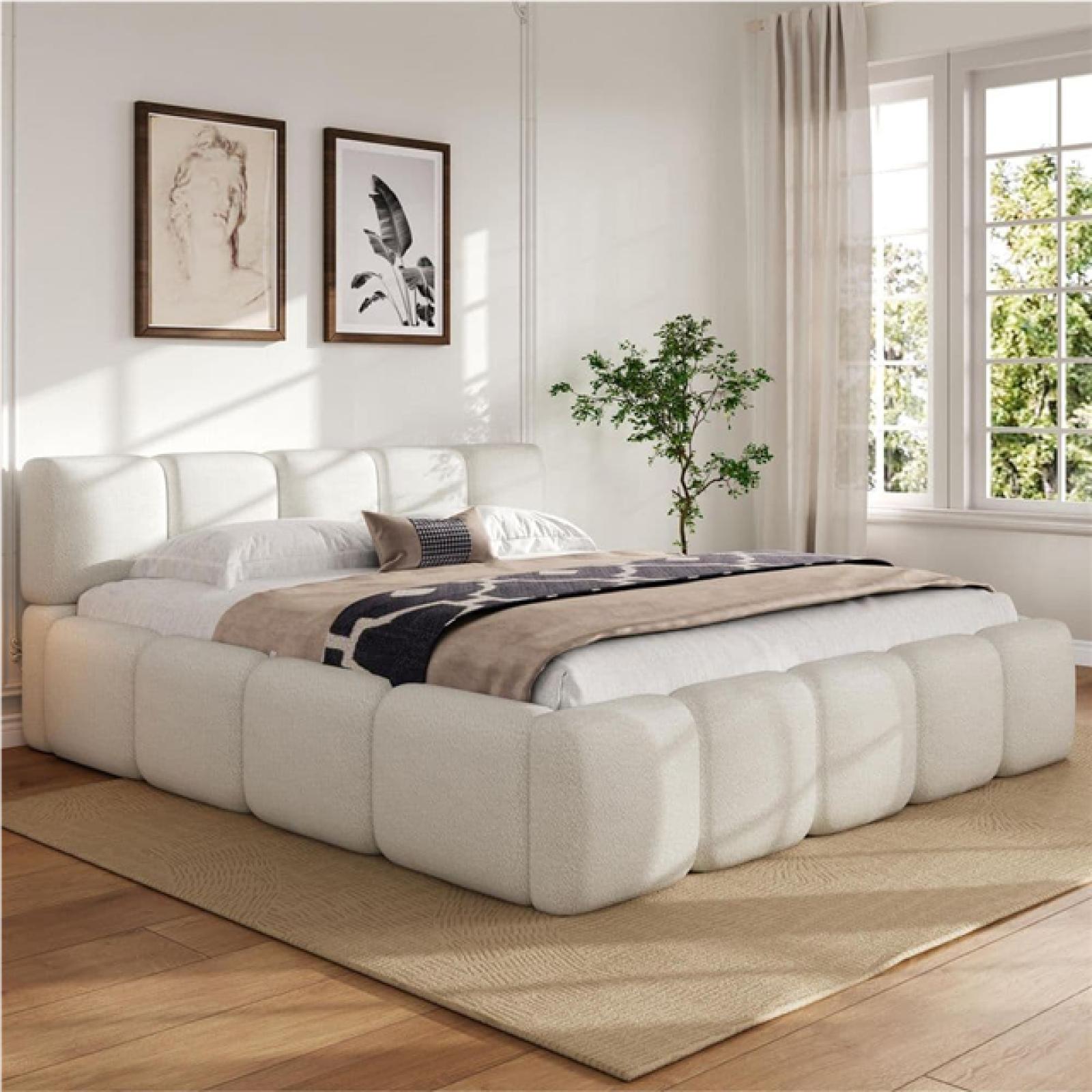 Phoenix NEW Harper & Bright Designs White Wood Frame King Size Upholstered Platform Bed with Boucle Thick Headboard and Footboard, Block Style