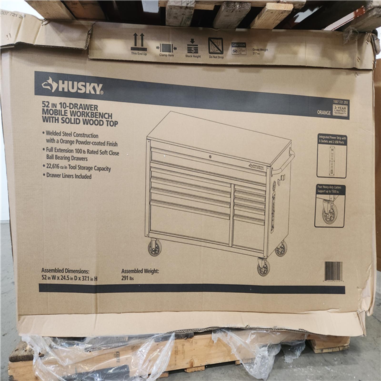 Husky 52 in. W x 24.5 in. D Standard Duty 10-Drawer Mobile Workbench Tool Chest with Solid Wood Work Top in Gloss Orange