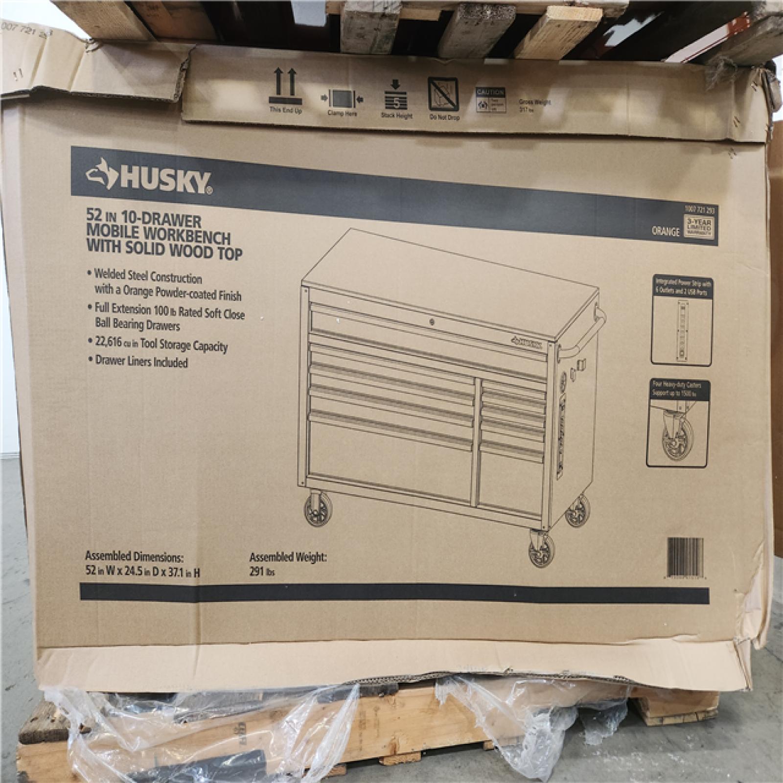 Phoenix Location NEW Husky 52 in. W x 24.5 in. D Standard Duty 10-Drawer Mobile Workbench Tool Chest with Solid Wood Work Top in Gloss Orange