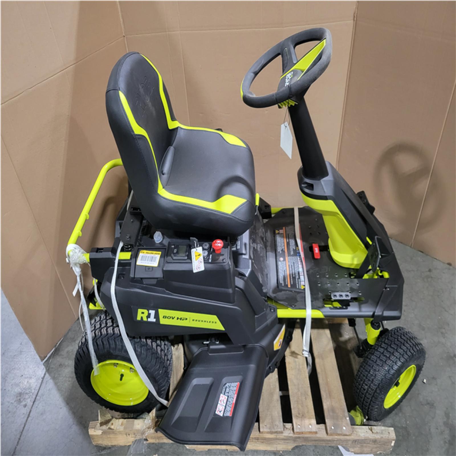 CALIFORNIA AS-IS RYOBI 80V BRUSHLESS R1 30 ELETRIC SIT DOWN LAWN MOWER