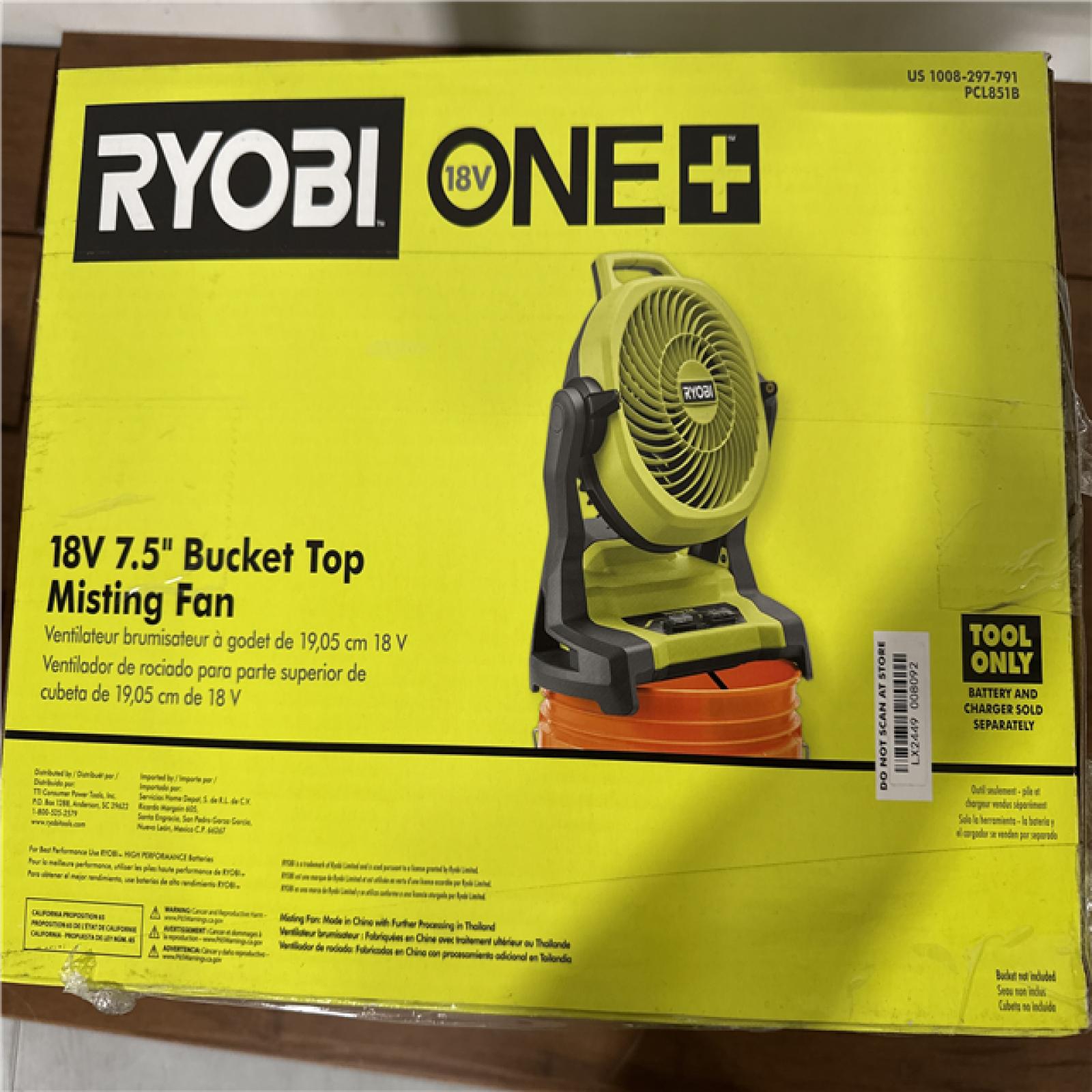California NEW Ryobi One+ 18V 7.5 Bucket Top Misting Fan (Tool Only)