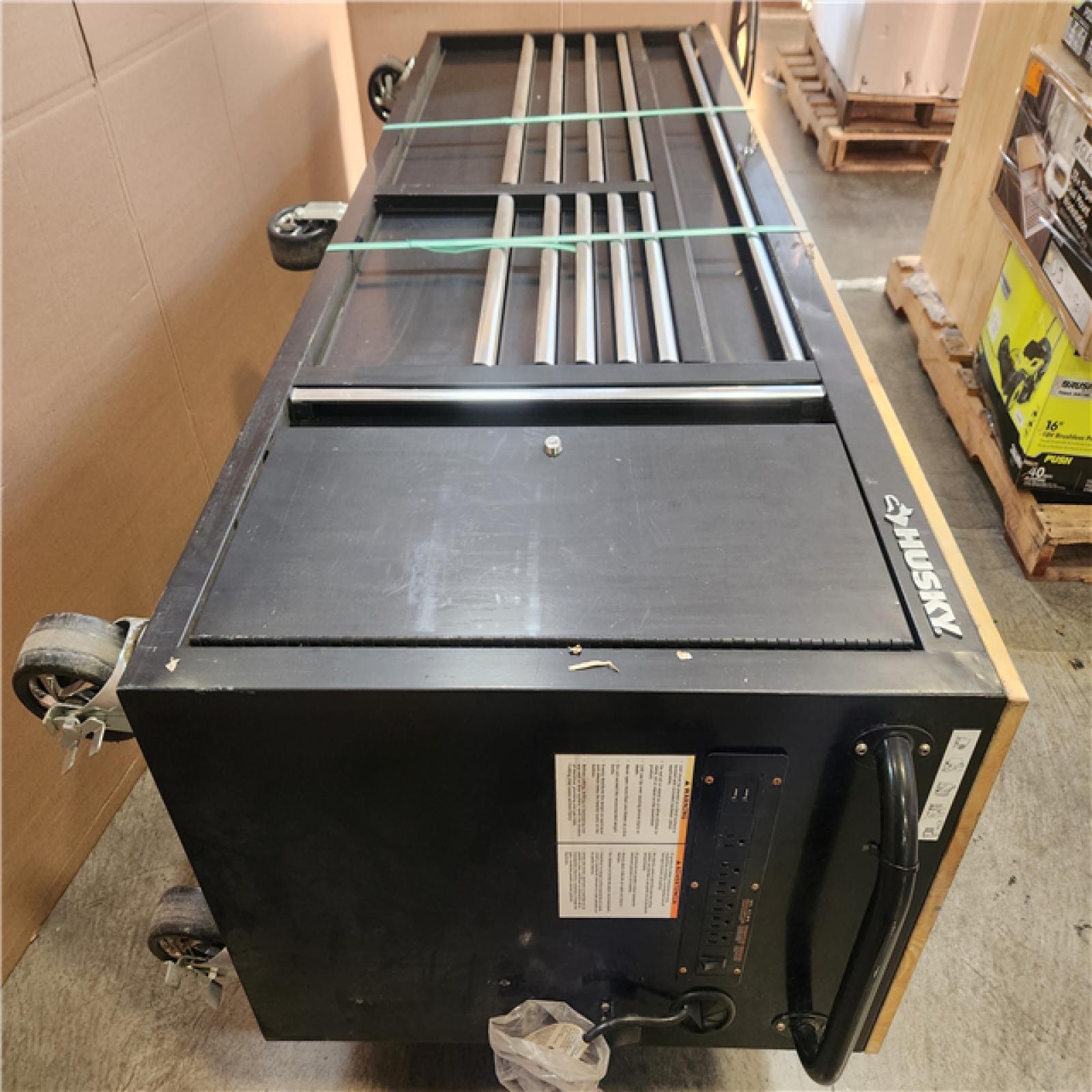 Phoenix AS-IS Husky Standard Duty 72 in. W x 20 in. D 10-Drawer Gloss Black Mobile Workbench Cabinet with Solid Wood Top