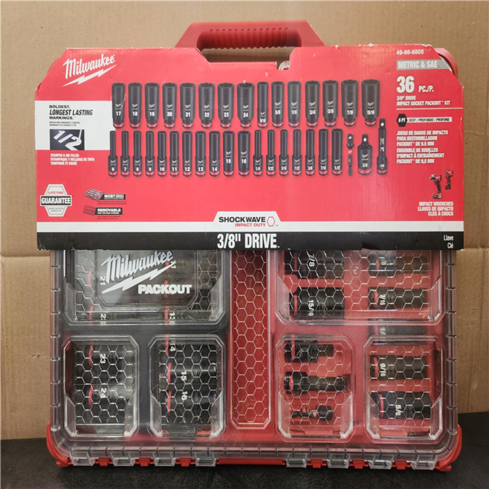 Phoenix NEW Milwaukee SHOCKWAVE Impact-Duty 3/8 in. Drive Metric and SAE Deep Well Impact PACKOUT Socket Set (36-Piece) (SEALED)