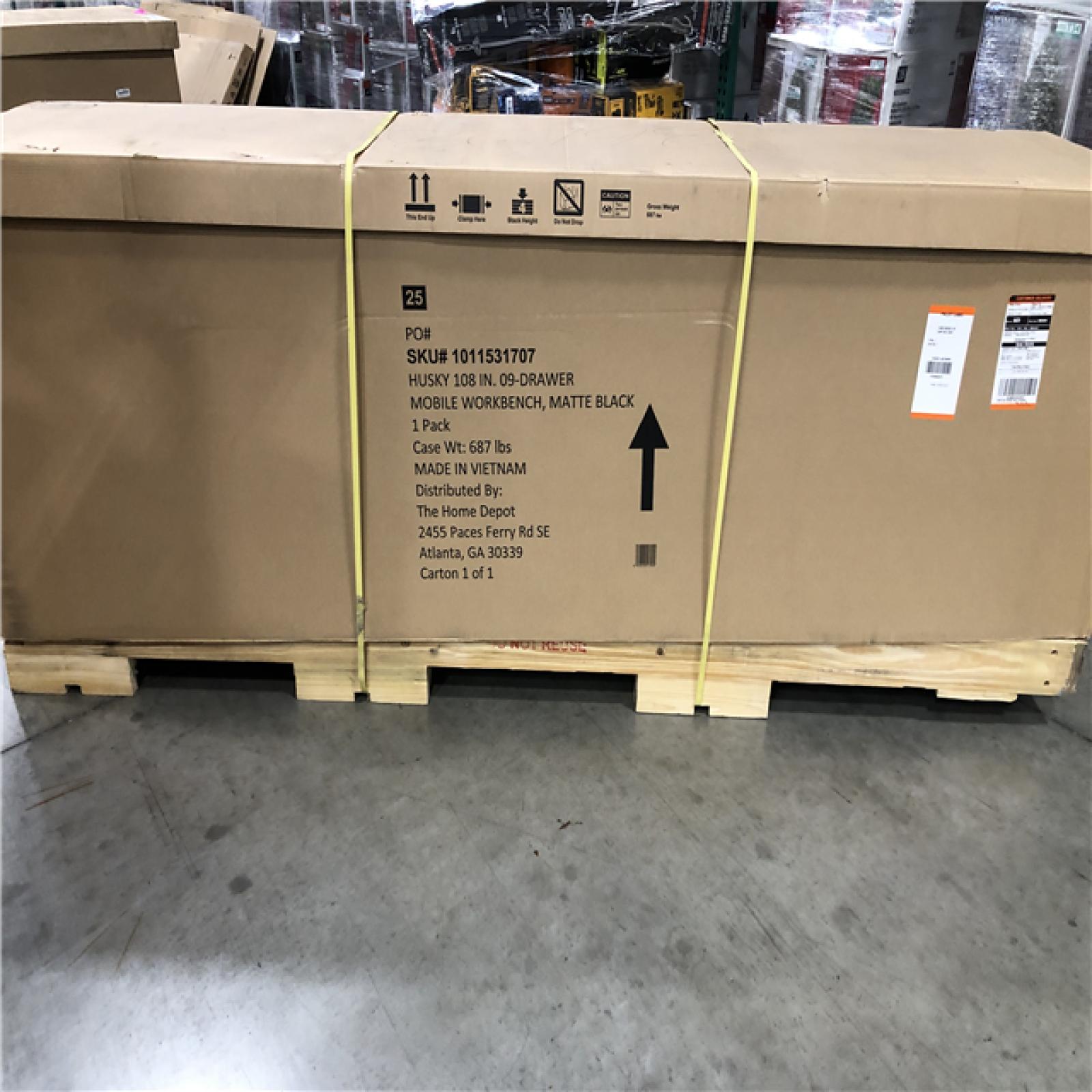 DALLAS LOCATION- AS-IS Husky 108 in. W x 24 in. D 9-Drawer Heavy-Duty Mobile Workbench with Stainless Steel Top in Matte Black