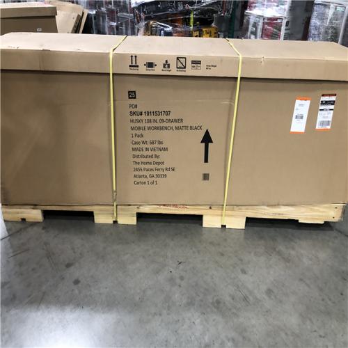 DALLAS LOCATION- AS-IS Husky 108 in. W x 24 in. D 9-Drawer Heavy-Duty Mobile Workbench with Stainless Steel Top in Matte Black