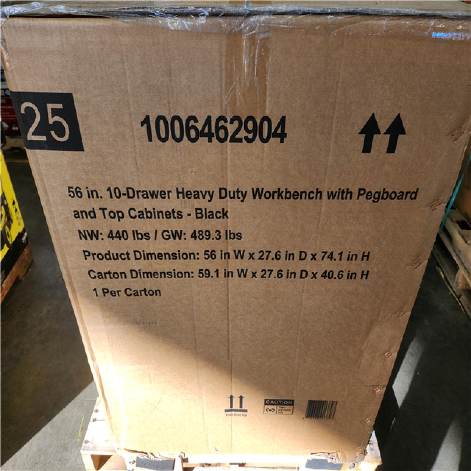 Phoenix NEW Husky 56 in. W x 27.6 in. D 10-Drawer Matte Black Heavy-Duty Mobile Workbench with Pegboard and Top Cabinets