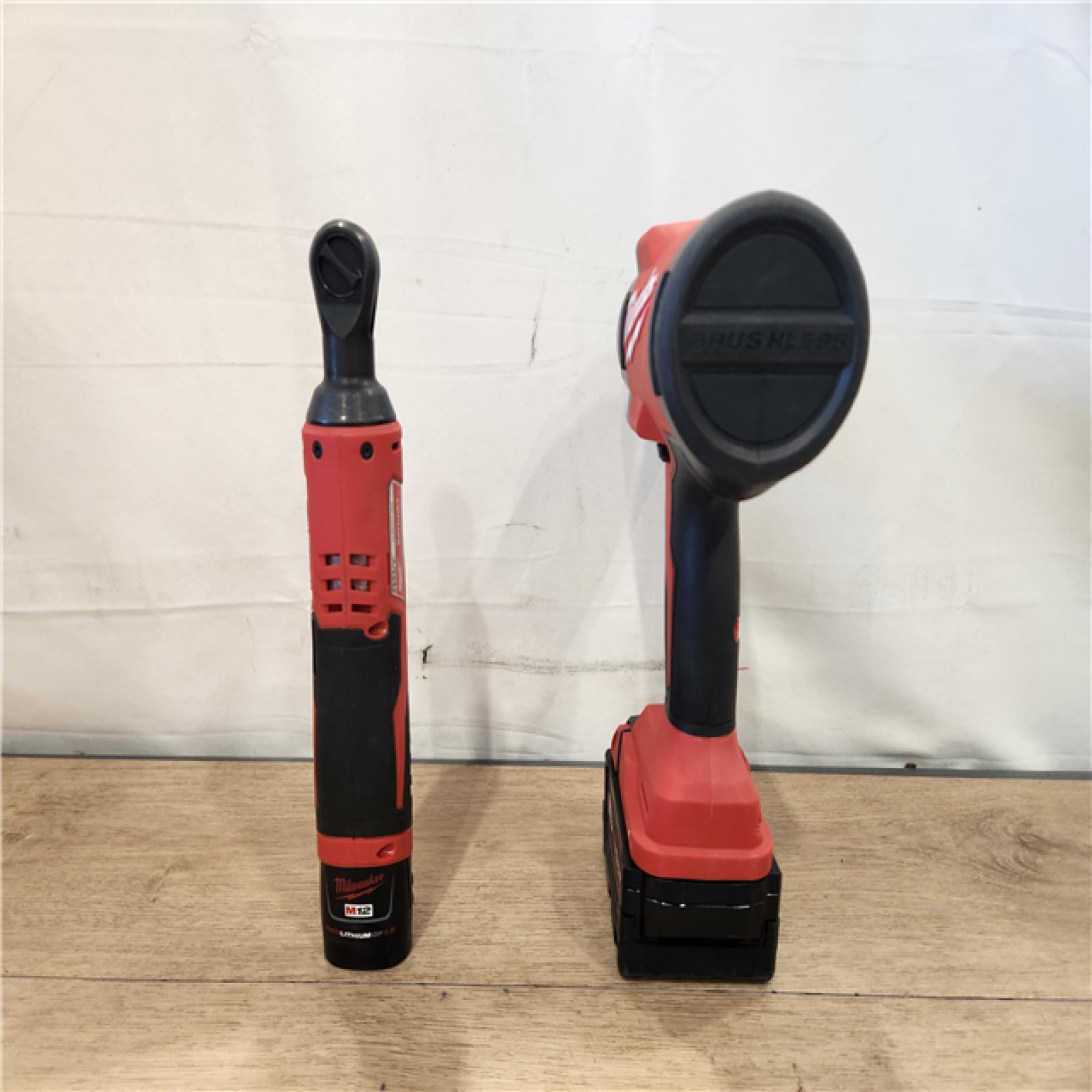 AS-IS- Milwaukee 12/18V Lithium-Ion Cordless 3/8 in. Ratchet and 1/2 in. High Torque Impact Wrench with Friction Ring Combo Kit
