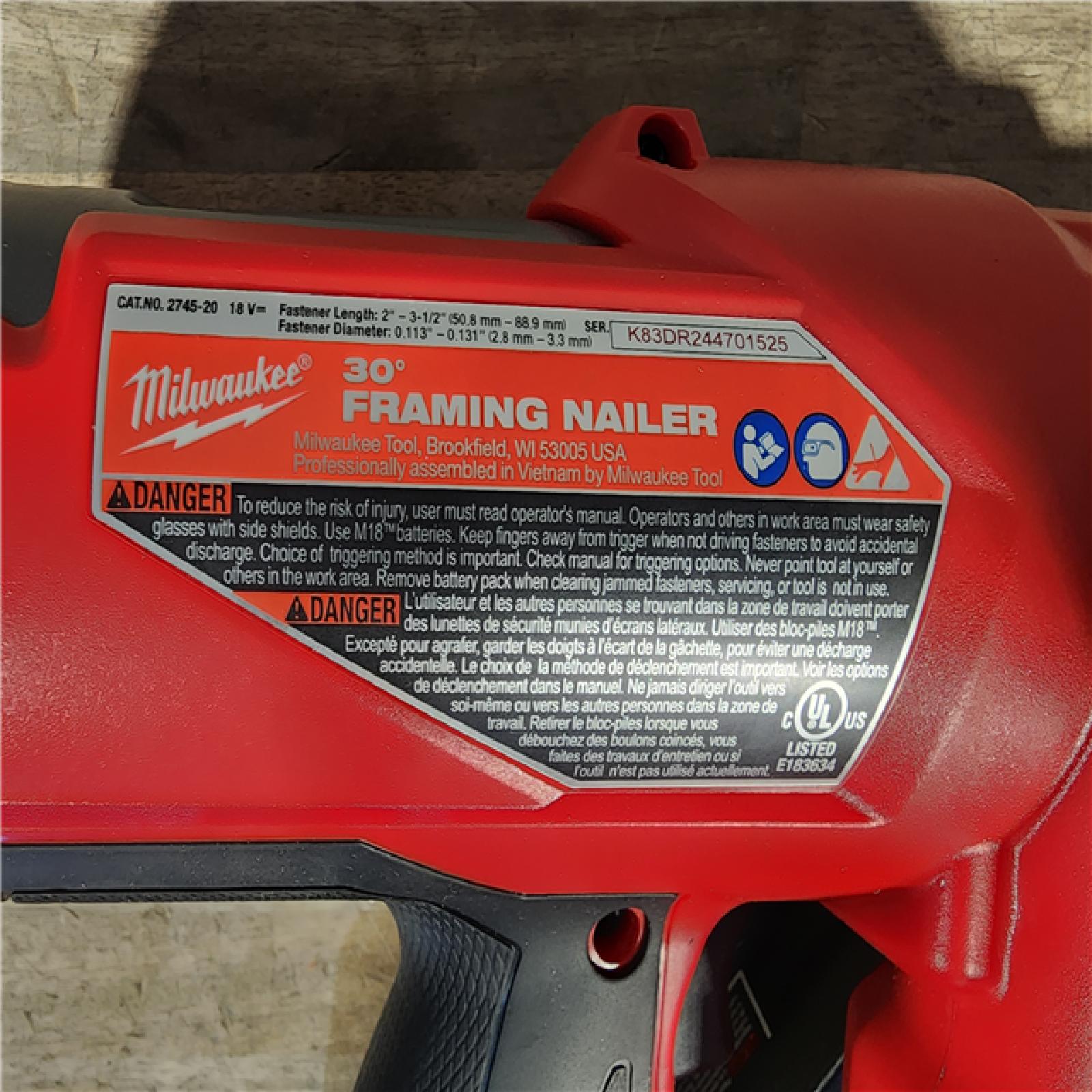HOUSTON LOCATION - AS-IS (APPEARS LIKE NEW) Milwaukee M18 FUEL 30 Degree Framing Nailer (TOOL ONLY)