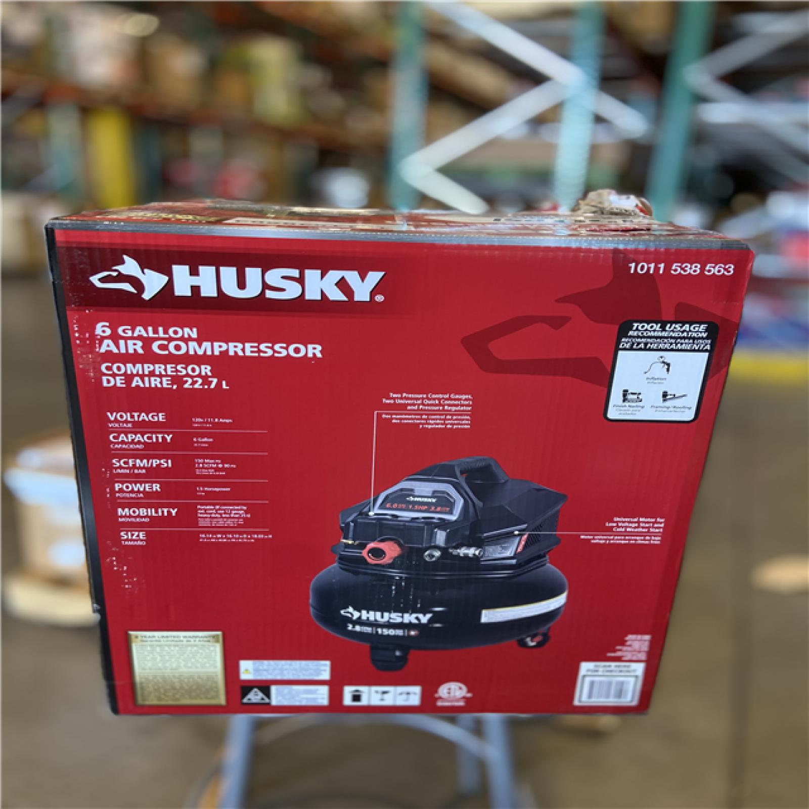 NEW! -  Husky 6 Gal. 150 PSI Portable Electric Oil-Free Jobsite Pancake Air Compressor with Dual Pressure Gauges and 2-Quick Couplers