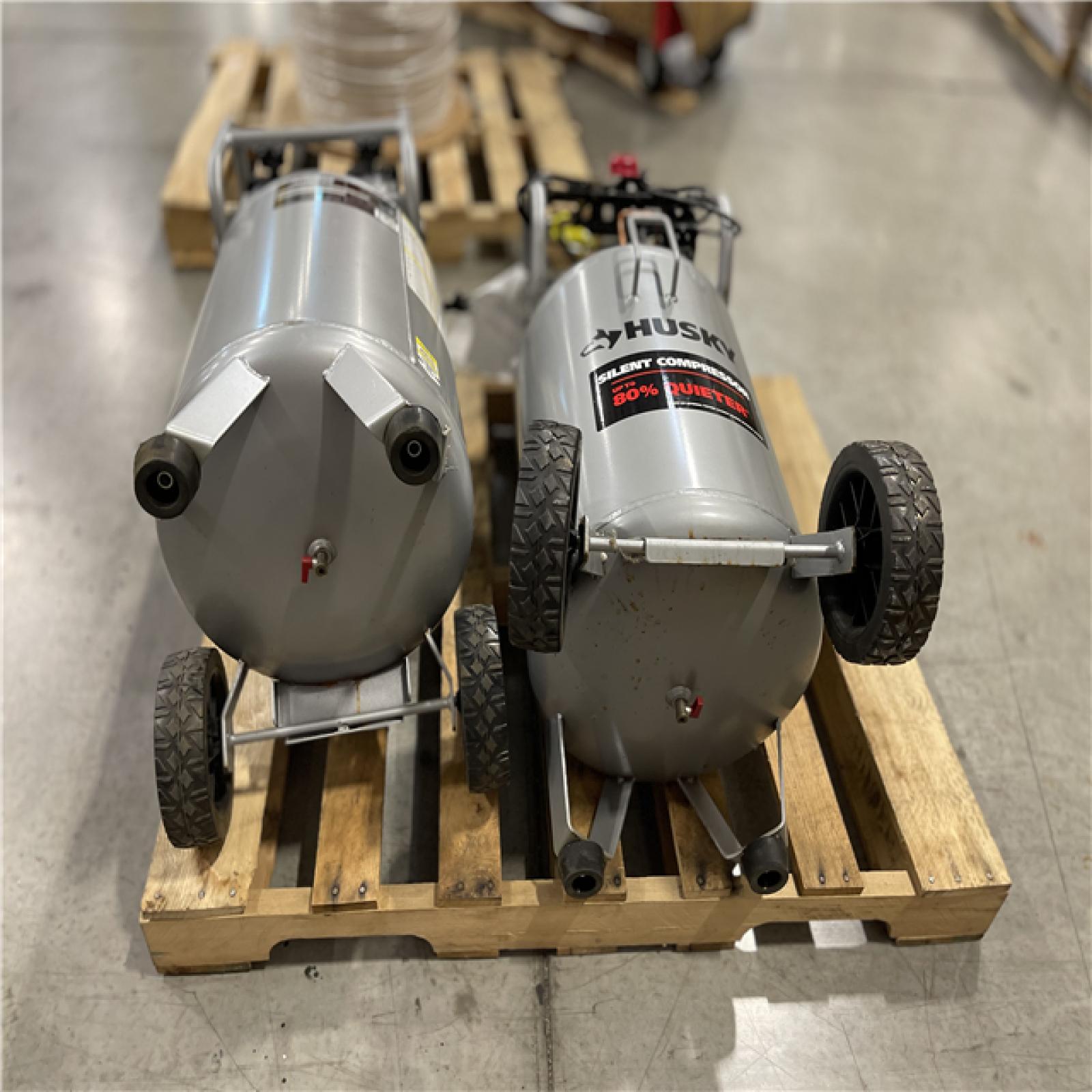 DALLAS LOCATION - Husky 20 Gal.165 PSI Vertical Electric Oil-Free Quiet Auto/Workshop Air Compressor PALLET-(2 UNITS)