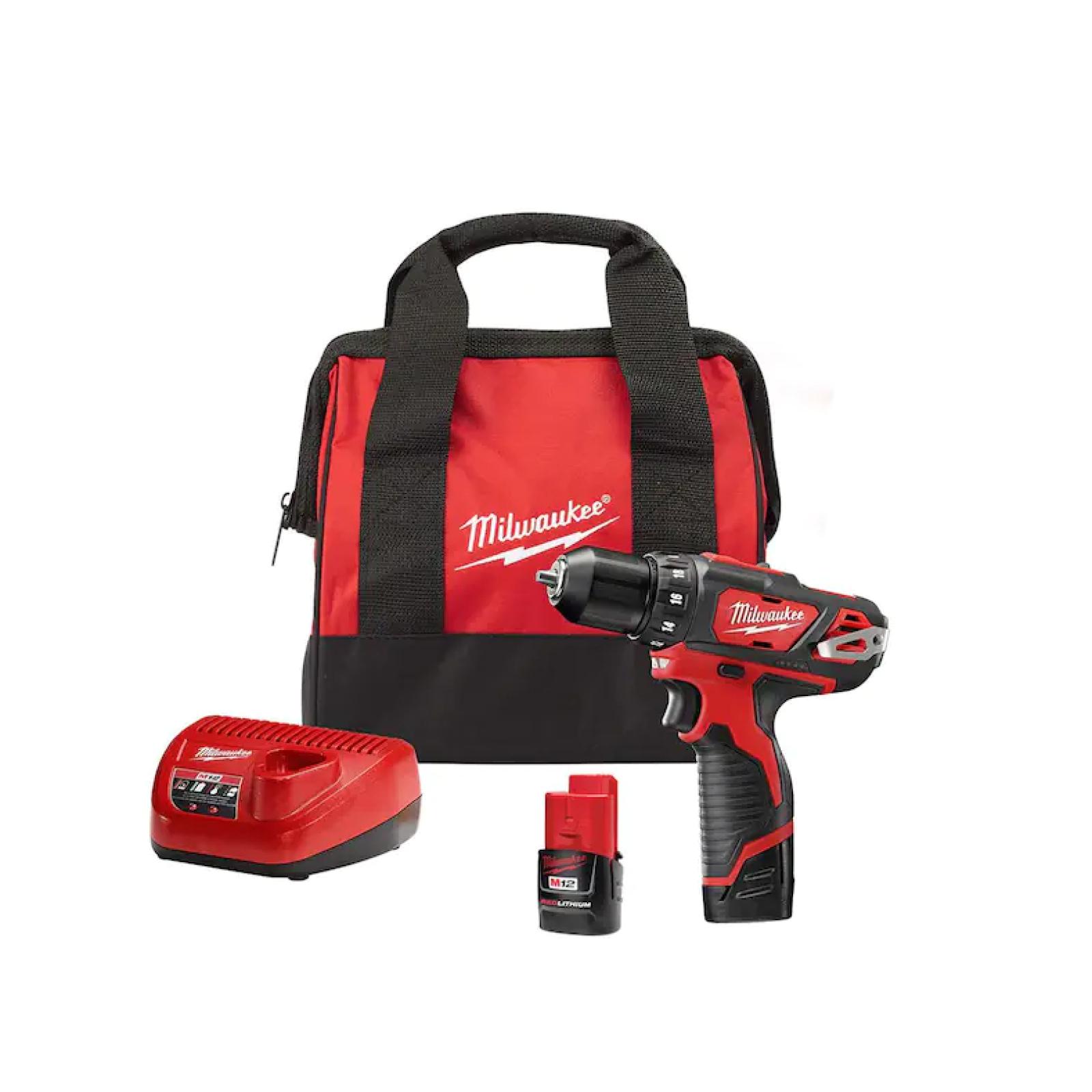 NEW! -Milwaukee M12 12V Lithium-Ion Cordless 3/8 in. Drill/Driver Kit with Two 1.5 Ah Batteries  Charger and Tool Bag