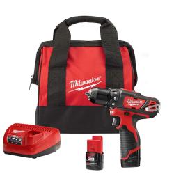 NEW! -Milwaukee M12 12V Lithium-Ion Cordless 3/8 in. Drill/Driver Kit with Two 1.5 Ah Batteries  Charger and Tool Bag