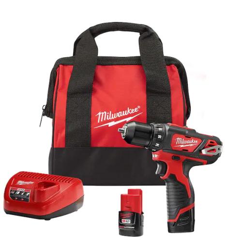 NEW! -Milwaukee M12 12V Lithium-Ion Cordless 3/8 in. Drill/Driver Kit with Two 1.5 Ah Batteries  Charger and Tool Bag