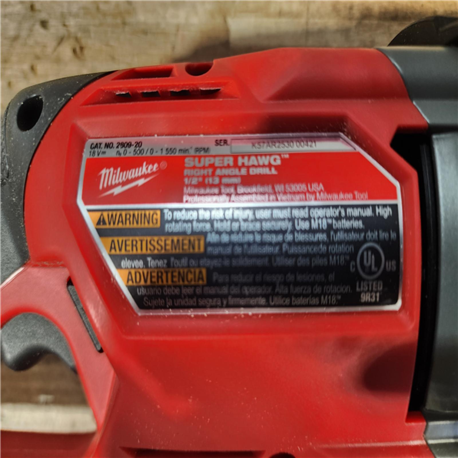 HOUSTON LOCATION - AS - IS Milwaukee FUEL 18V Lithium-Ion Brushless Cordless GEN 2 SUPER HAWG 1/2 in. Right Angle Drill (Tool-Only)