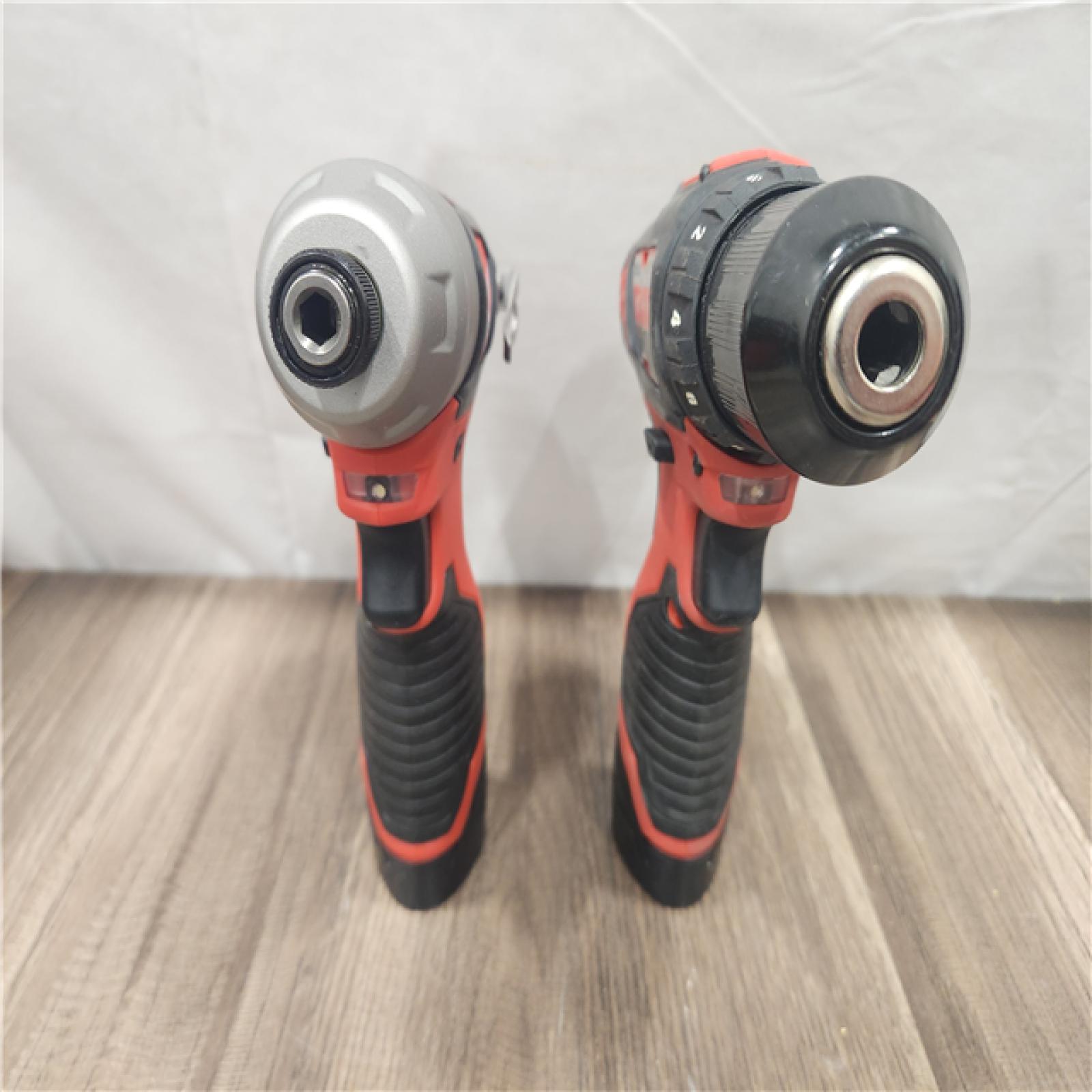 AS-IS- Milwaukee M12 Cordless Combination 3/8  Drill / Driver and 1/4  Hex Impact Driver Dual Power Tool Kit (2 Lithium Ion Batteries  Charger  and B