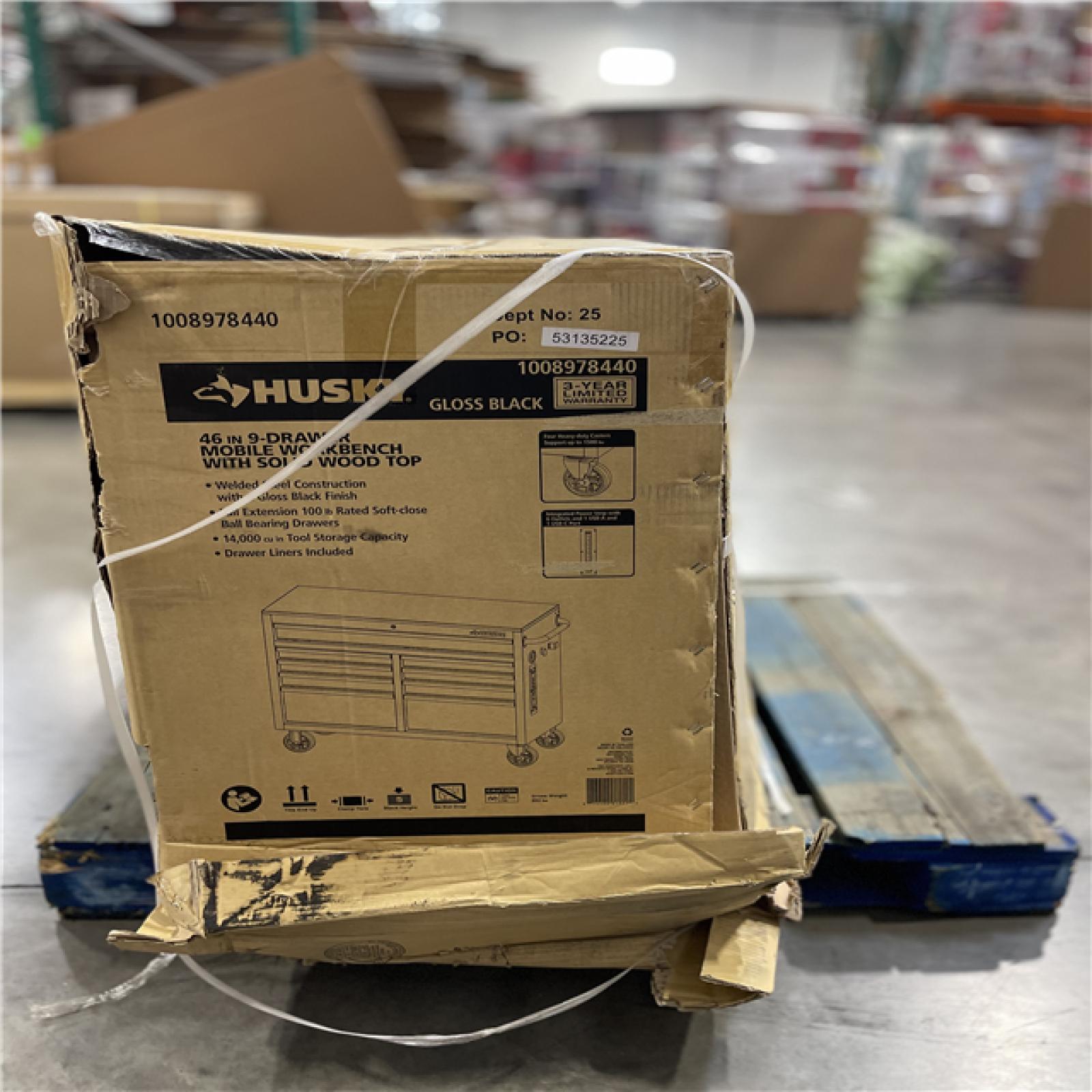 DALLAS LOCATION - Husky Tool Storage 46 in. W x 18 in. D 9-Drawer Mobile Workbench Cabinet in Gloss Black