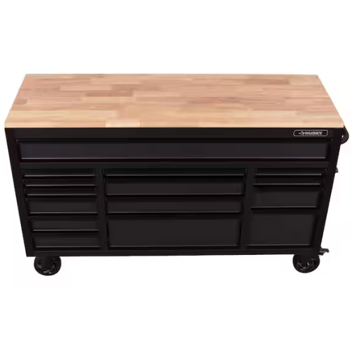 DALLAS LOCATION- AS-IS HUSKY 61 in. W x 22 in. D 15-Drawer Matte Black Mobile Workbench Cabinet with Solid Wood Top