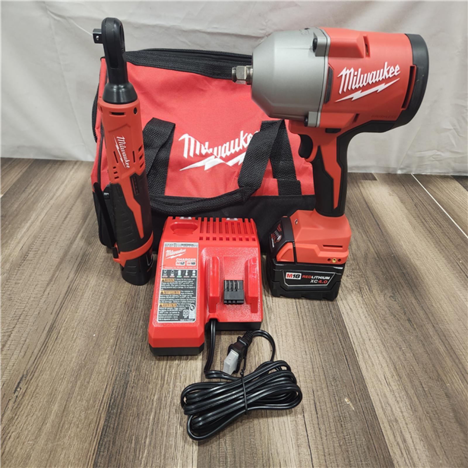 AS-IS- Milwaukee M12/M18 12/18V Lithium-Ion Cordless 3/8 in. Ratchet and 1/2 in. High Torque Impact Wrench with Friction Ring Combo Kit