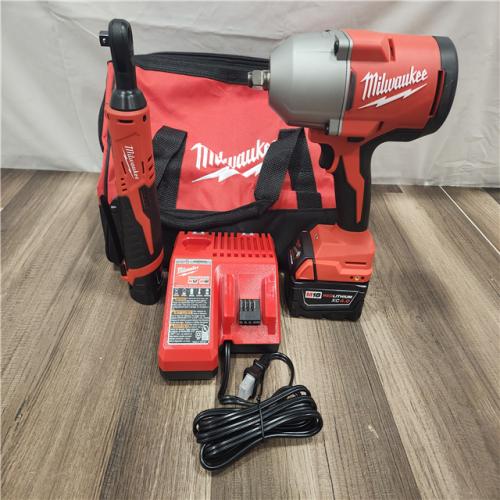 AS-IS- Milwaukee M12/M18 12/18V Lithium-Ion Cordless 3/8 in. Ratchet and 1/2 in. High Torque Impact Wrench with Friction Ring Combo Kit