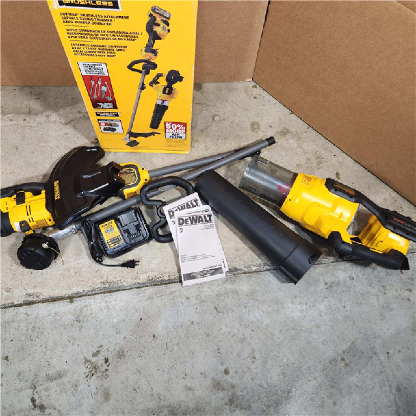 Houston location- AS-IS DEWALT 60V MAX 17 in. Cordless Battery Powered String Trimmer and Leaf Blower Combo Kit with (1) 3Ah Battery & Charger