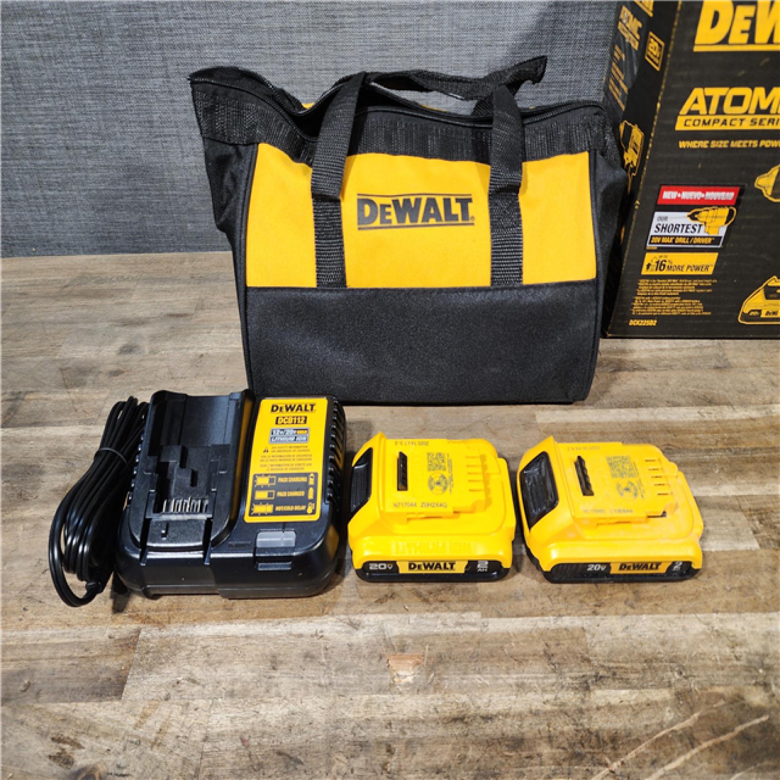 HOUSTON LOCATION - AS-IS Dewalt DCK225D2 20V MAX ATOMIC Brushless Compact Lithium-Ion 1/2 in. Cordless Drill Driver and 1/4 in. Impact Driver Combo Kit with 2 Batteries 2 Ah