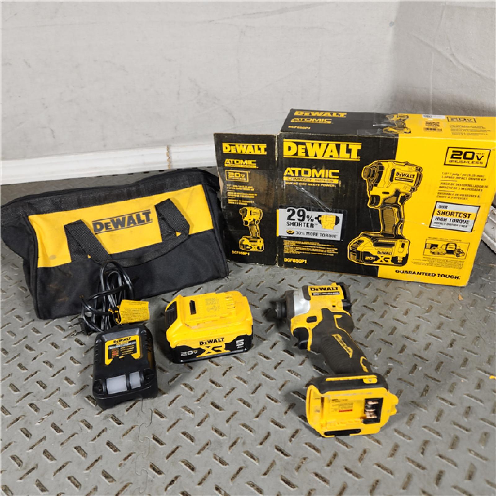 Houston Location - AS-IS DEWALT DCF850P1 ATOMIC 20V MAX Lithium-Ion Brushless Cordless 3-Speed 1/4 Impact Driver Kit 5.0Ah - Appears IN Used Condition