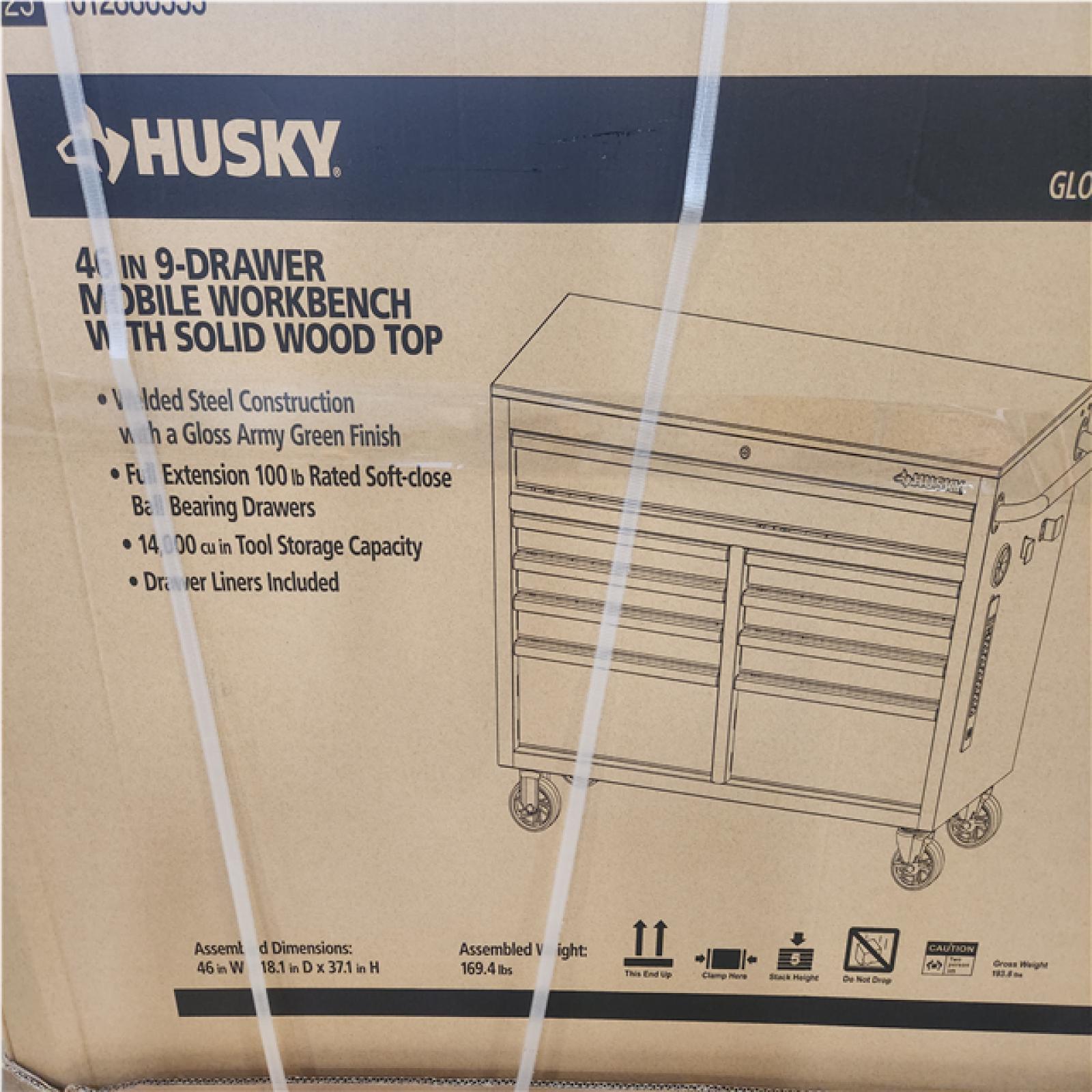 Phoenix NEW Husky 46 in. W x 18.1 in. D 9-Drawer Army Green Mobile Workbench Cabinet with Solid Wood Top