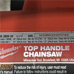 AS-IS Milwaukee FUEL 14 in. 18V Lithium-Ion Brushless Cordless Battery Top Handle Chainsaw (Tool Only)