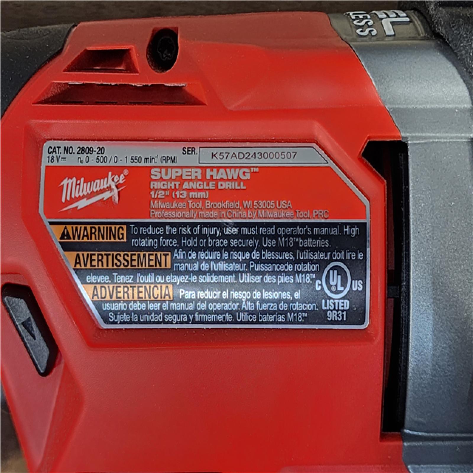 HOUSTON LOCATION - AS-IS Milwaukee M18 18V Fuel 1/2 Right Angle Drill Super Hawg Cordless Lithium-Ion 2809-20