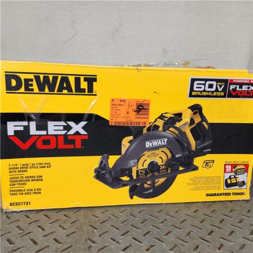 Houston location- AS-IS DEWALT DCS577X1 60V FLEXVOLT MAX Lithium-Ion 7-1/4 Brushless Cordless Wormdrive Style Circular Saw Kit 9.0 Ah Appears in good condition