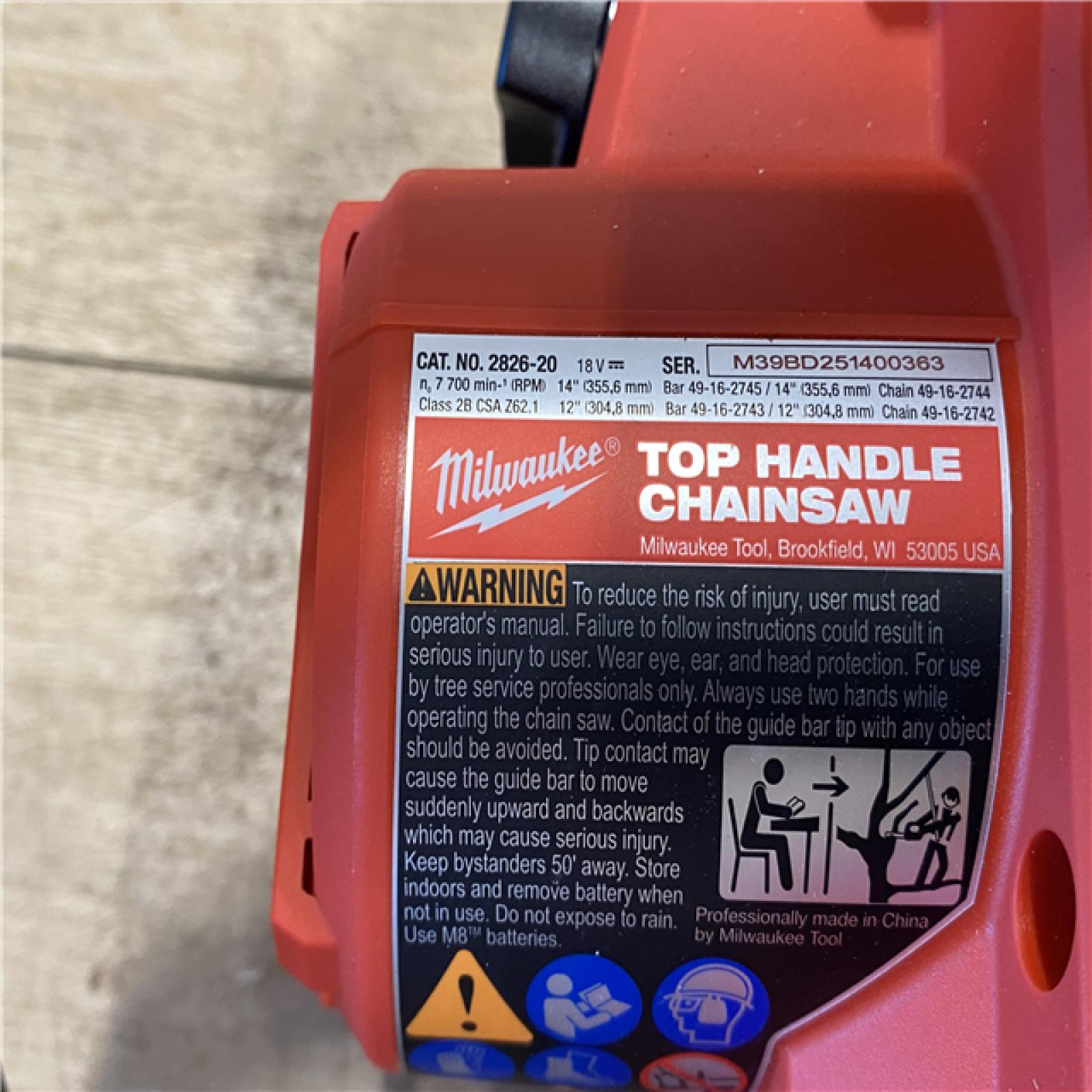 AS-IS Milwaukee FUEL 14 in. 18V Lithium-Ion Brushless Cordless Battery Top Handle Chainsaw (Tool Only)