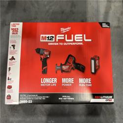 NEW!- Milwaukee M12 FUEL 12-Volt Li-Ion Brushless Cordless Hammer Drill Combo Kit  Reciprocating Saw  Flood Light W/2 Batteries (3-Tool)