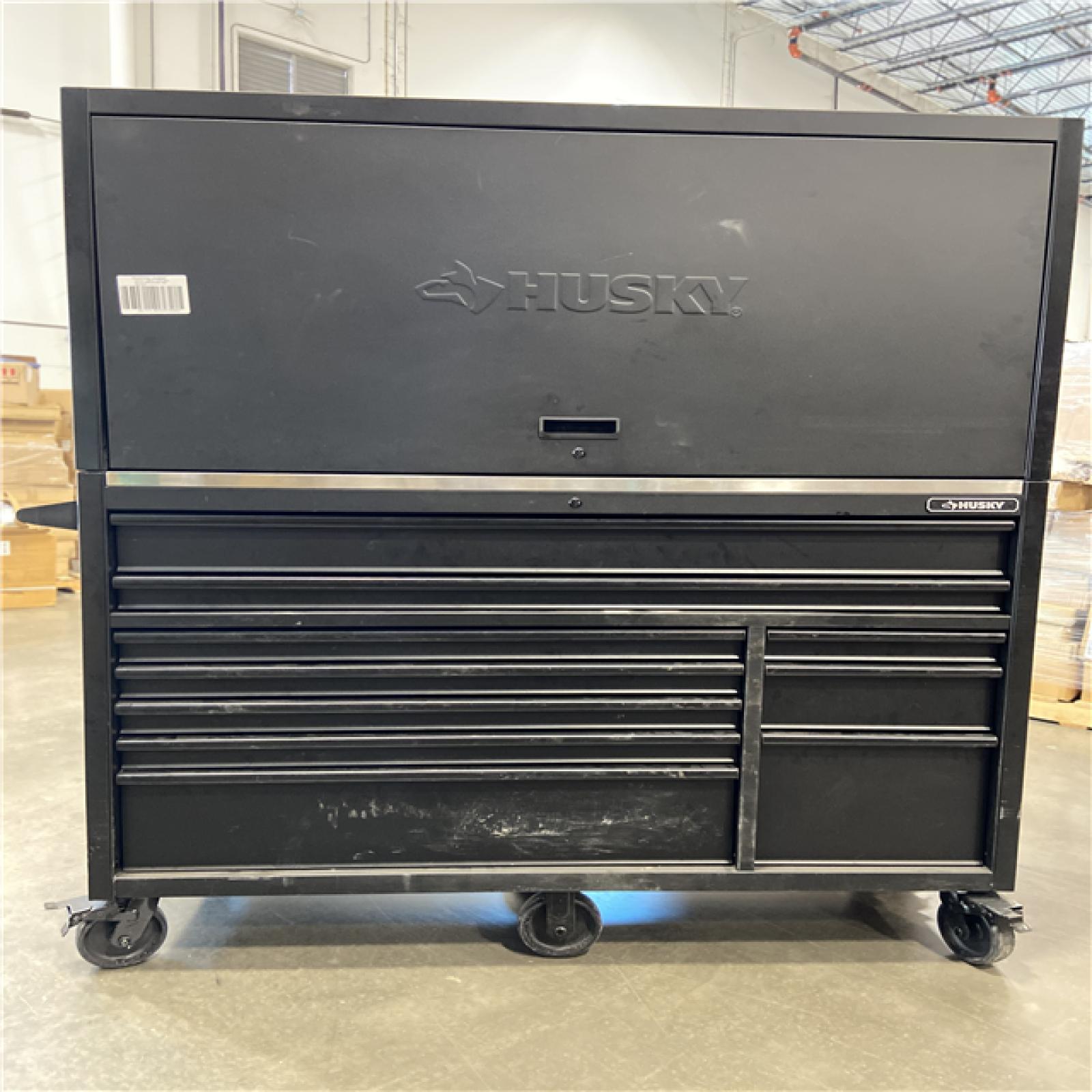 DALLAS LOCATION - Husky Modular Tool Storage 62 in. W X 24 in. D Heavy Duty Matte Black Mobile Workbench Cabinet with Stainless Steel Top