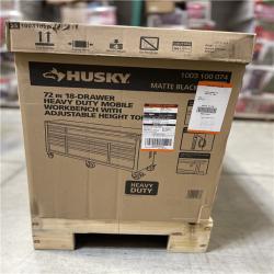 DALLAS LOCATION - Husky 72 in. W x 24 in. D Heavy Duty 18-Drawer Mobile Workbench Cabinet with Adjustable-Height Hardwood Top in Matte Black