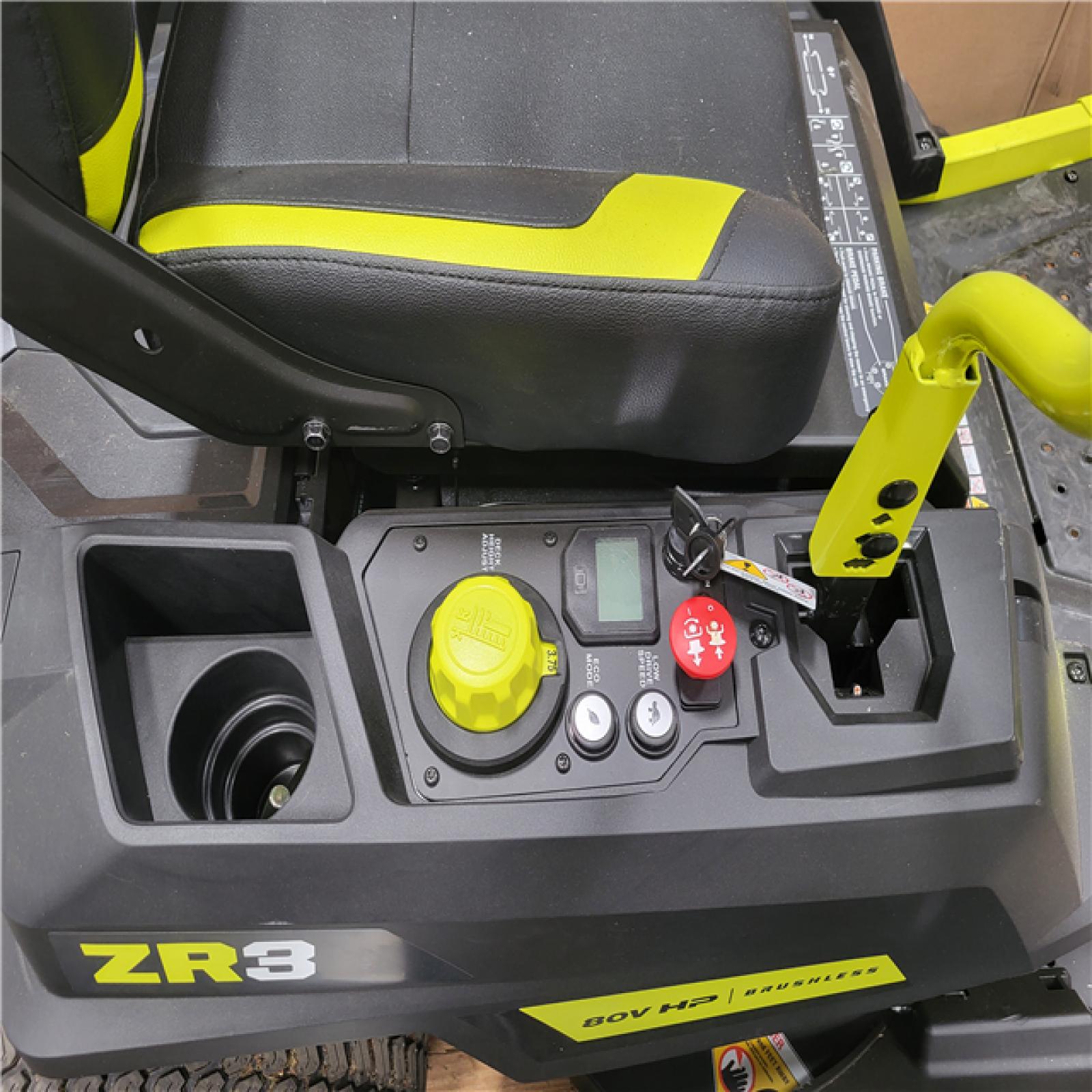 CALIFORNIA AS-IS RYOBI ZE3 80V HP BRUSHLESS BATTERY CORDLESS ELECTRIC 42 IN. ZERO TURN RIDING LAWN MOWER W TRAILER ATTACHMENT AND BAGGER