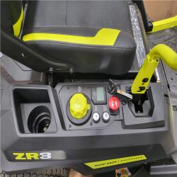 CALIFORNIA AS-IS RYOBI ZE3 80V HP BRUSHLESS BATTERY CORDLESS ELECTRIC 42 IN. ZERO TURN RIDING LAWN MOWER W TRAILER ATTACHMENT AND BAGGER