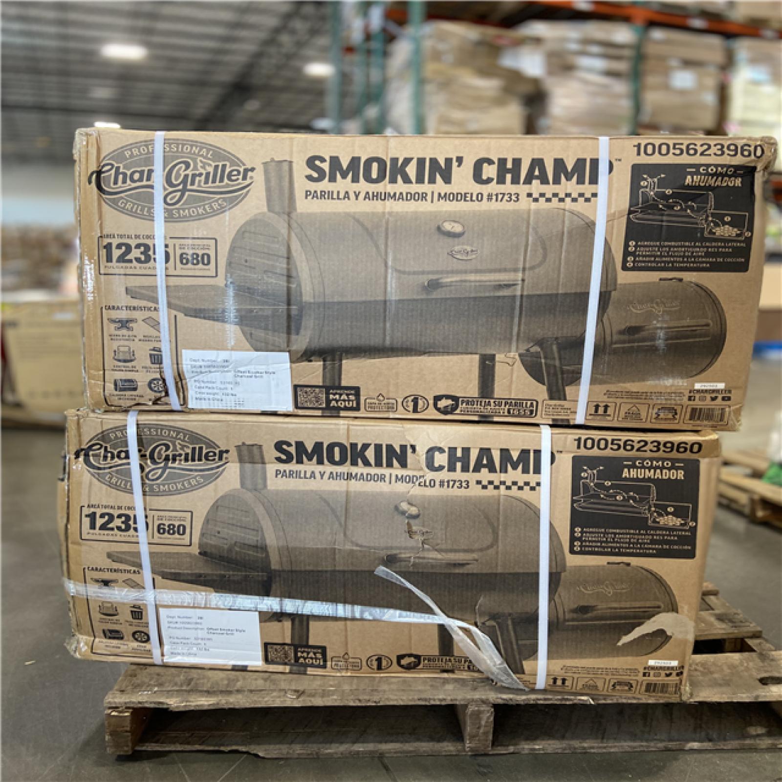DALLAS LOCATION - Char-Griller Smokin' Champ Charcoal Grill Offset Smoker in Black PALLET -(4 UNITS)