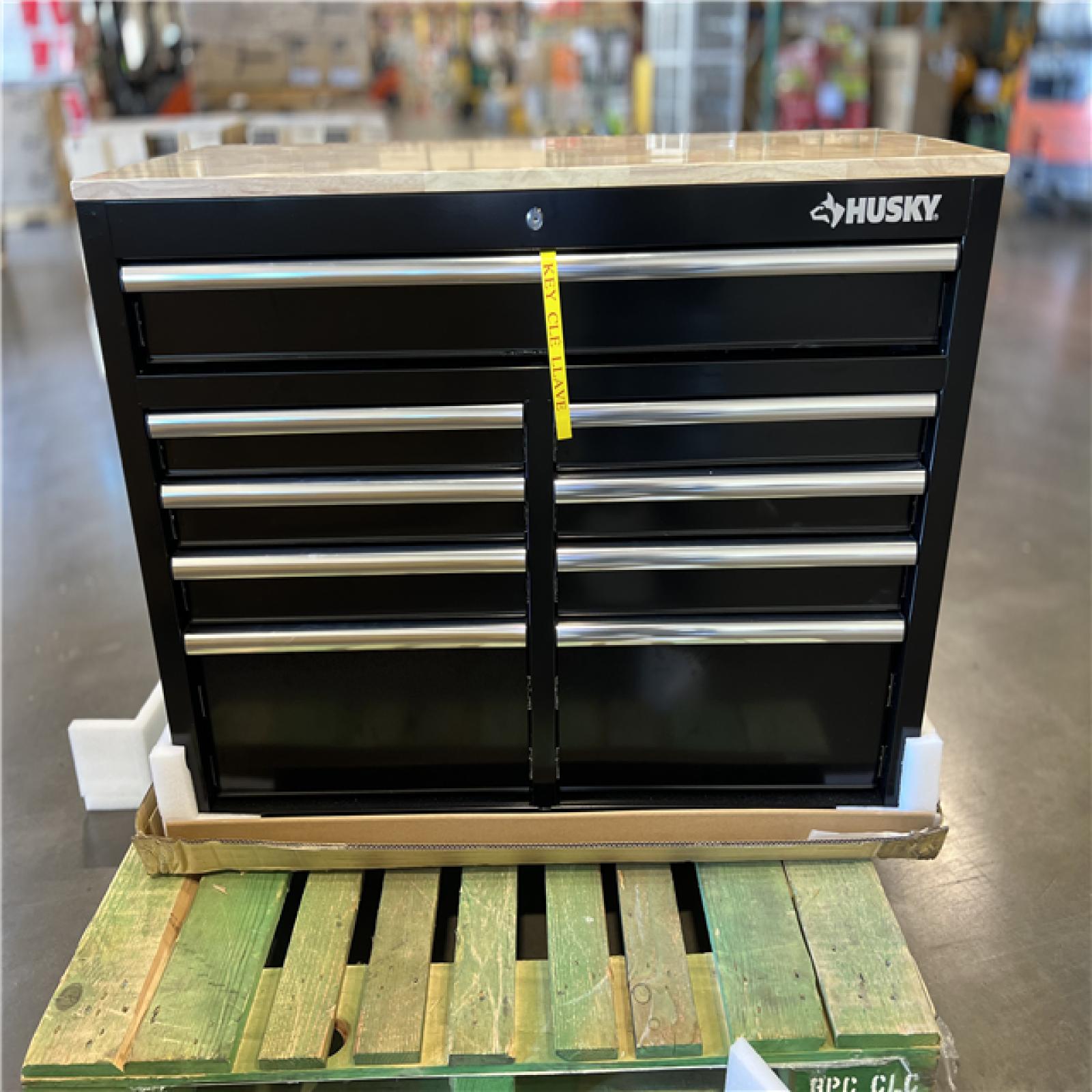 DALLAS LOCATION - Husky Tool Storage 46 in. W x 18 in. D 9-Drawer Mobile Workbench Cabinet in Gloss Black