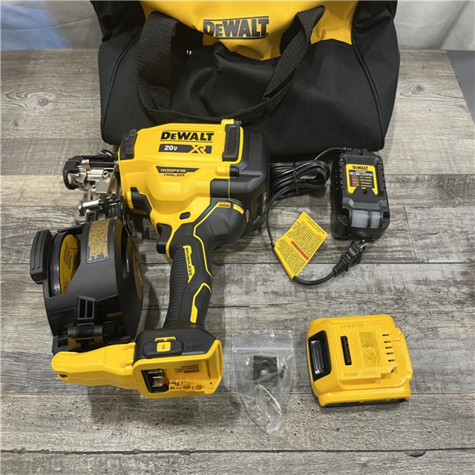AS-IS DEWALT 20V MAX Lithium-Ion 15-Degree Electric Cordless Roofing Nailer Kit