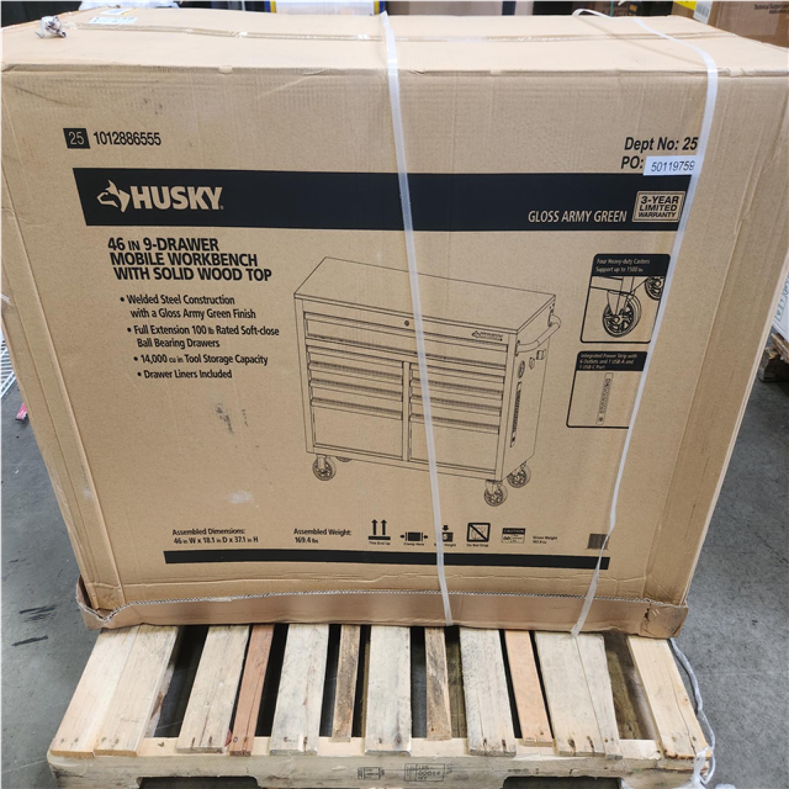 Phoenix NEW Husky 46 in. W x 18.1 in. D 9-Drawer Army Green Mobile Workbench Cabinet with Solid Wood Top