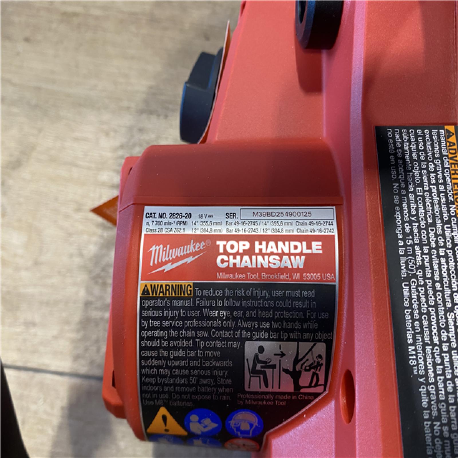 AS-IS Milwaukee FUEL 14 in. 18V Lithium-Ion Brushless Cordless Battery Top Handle Chainsaw (Tool Only)