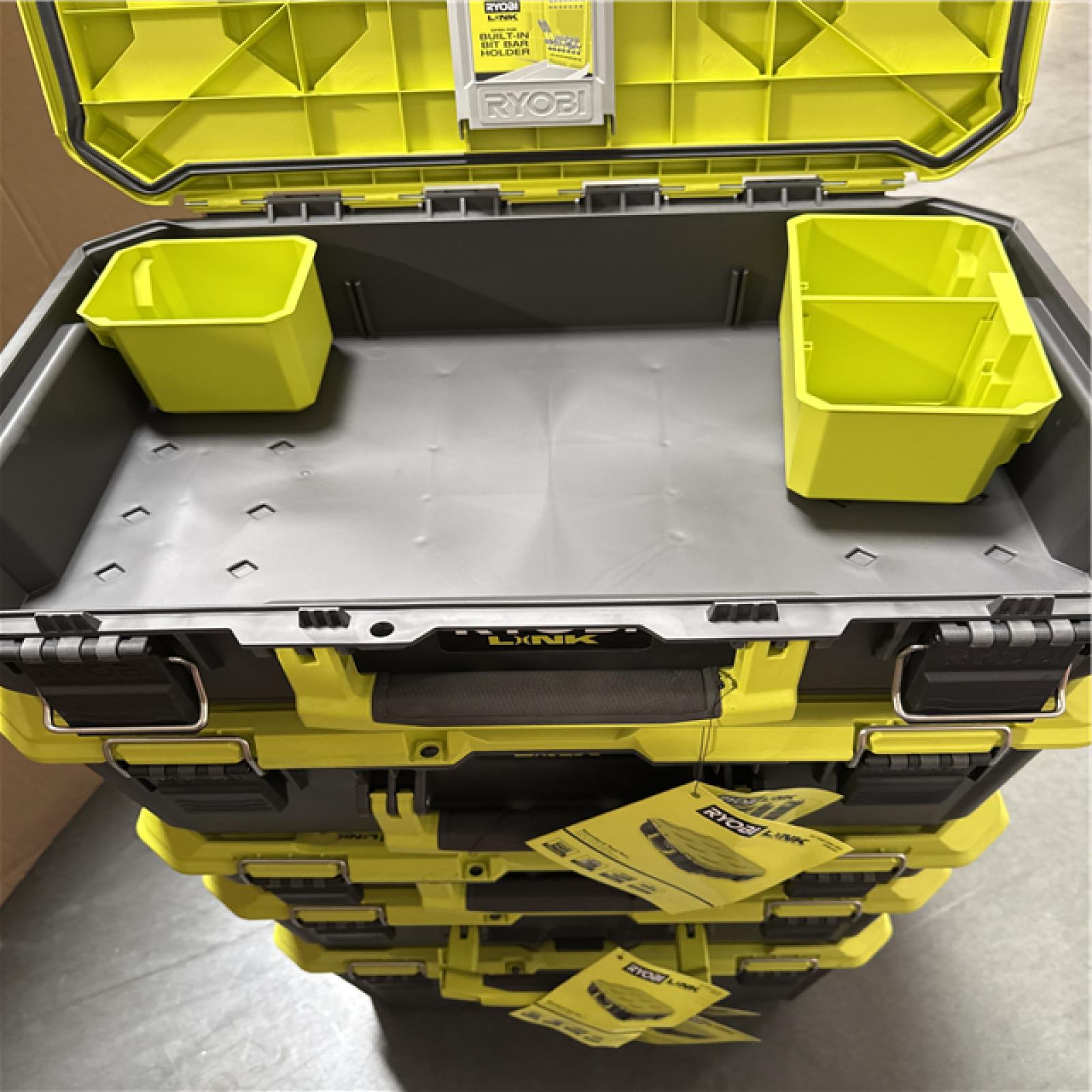 California AS-IS Ryobi Link Tool Boxes  Includes (1) Rolling Tool Box  (2) Medium Tool Boxes & (2) Standard Tool Boxes; Appears in Excellent Condition (No Tools)